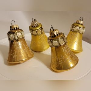 West Germany Vintage Mercury Glass Christmas Ornaments Bell Gold Glitter Set of4